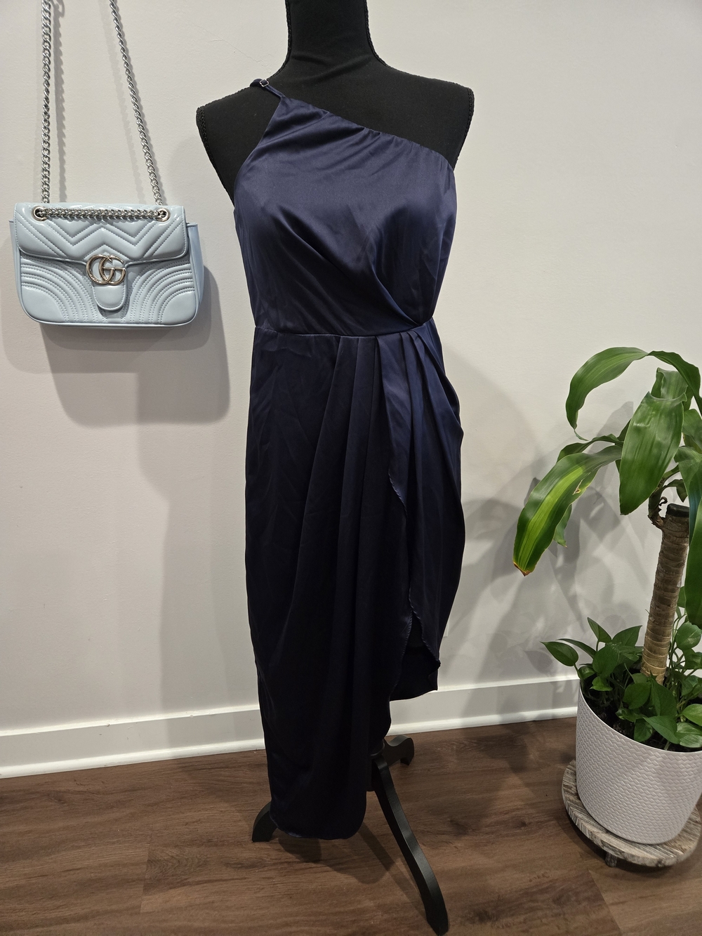 Elegant One-Shoulder Navy Dress